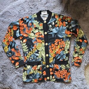 Celine Paris Floral wool Cardigan with Stamped Gold Button Vintage Size 38 S M